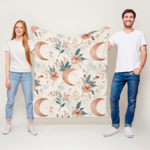 Cream Terracotta Crescent Moon Floral Celestial Fleece Blanket