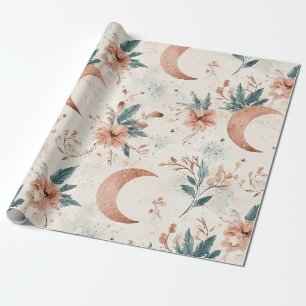 Cream Terracotta Crescent Moon Floral Celestial Wrapping Paper