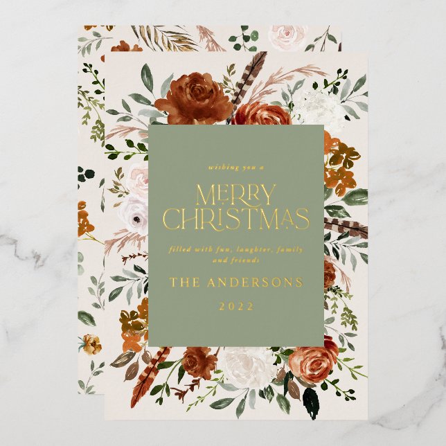  cream terracotta floral botanical elegant script  foil holiday card (Front/Back)
