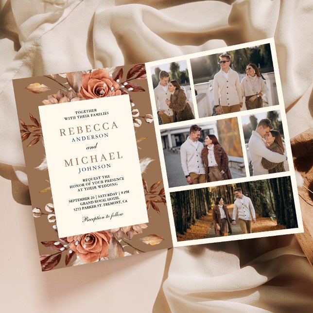 Cream Terracotta Floral QR Code Beige Tan Wedding Invitation (Creator Uploaded)