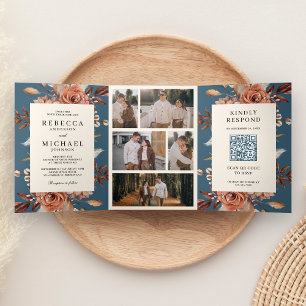Cream Terracotta Floral QR Code Dusty Blue Wedding Tri-Fold Invitation