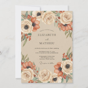 Cream Terracotta Floral Romance Wedding Invitation