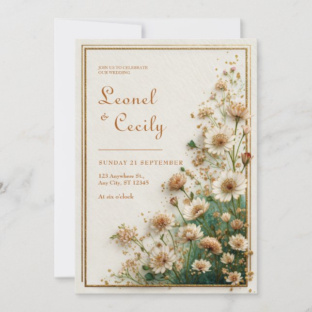 Cream Textured Gold Astrantia Wedding Invitation (Front)
