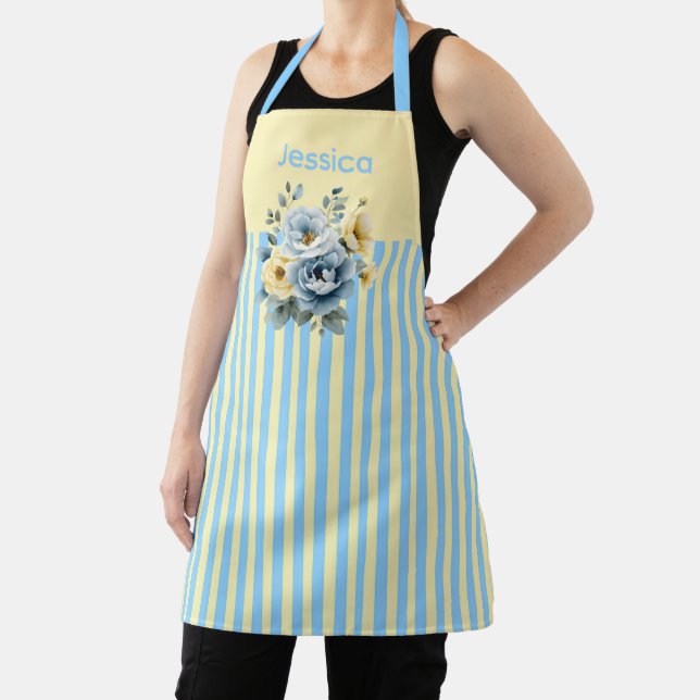 Cream Top with Teal Stripes Floral Apron (Insitu)