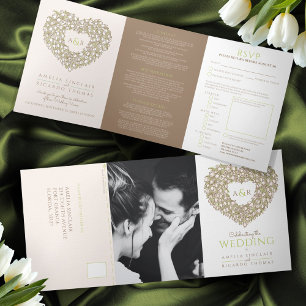 Cream tulip brown ink art heart monogram wedding Tri-Fold invitation