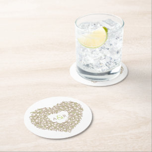 Cream tulip wreath ink drawing monogram wedding round paper coaster