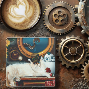 Cream Victorian Steampunk Cat Tea Party Submarine Glass Coaster