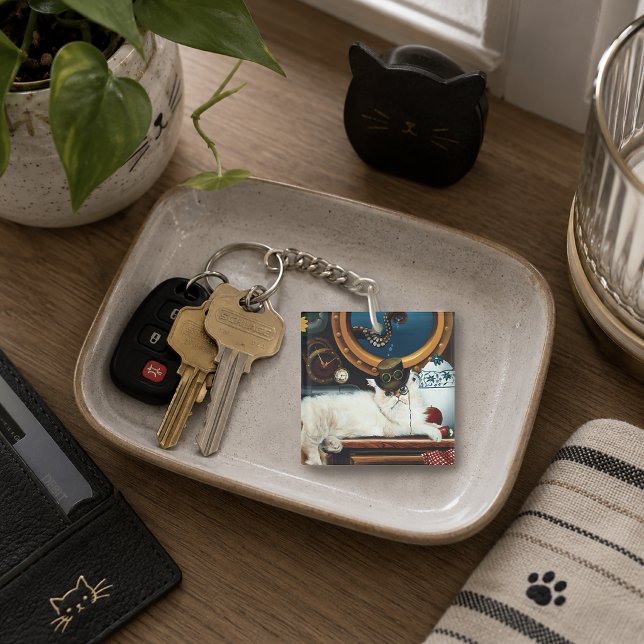 Cream Victorian Steampunk Cat Tea Party Submarine Key Ring (Creator Uploaded)
