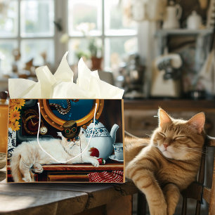 Cream Victorian Steampunk Cat Tea Party Submarine Large Gift Bag