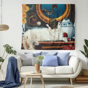 Cream Victorian Steampunk Cat Tea Party Submarine Tapestry