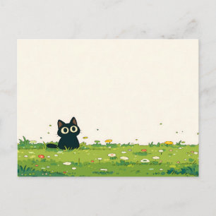 Cream Vignette Kawaii Black Cat Meadow Postcard