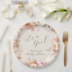 Cream Vintage Floral Fall It's a Girl Baby Shower Paper Plate