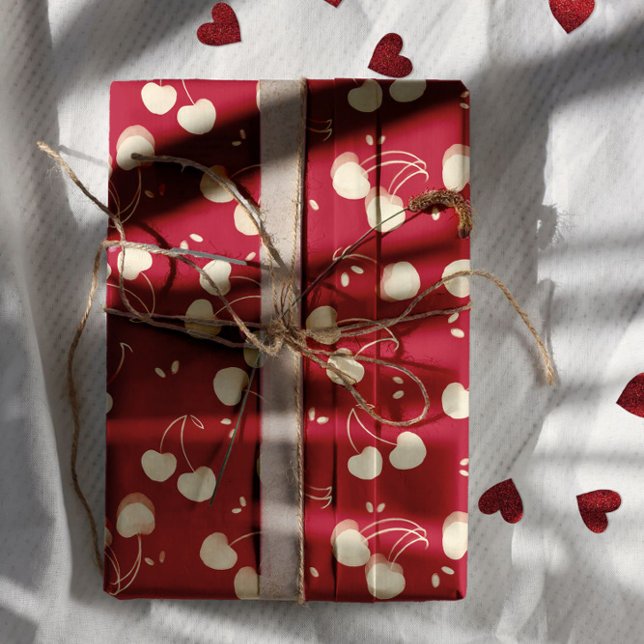 Cream Watercolor Cherries on Red – Valentine  Wrapping Paper Sheet (Creator Uploaded)