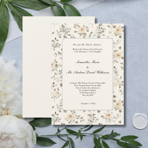 Cream Watercolor Floral Cottagecore Formal Wedding Invitation