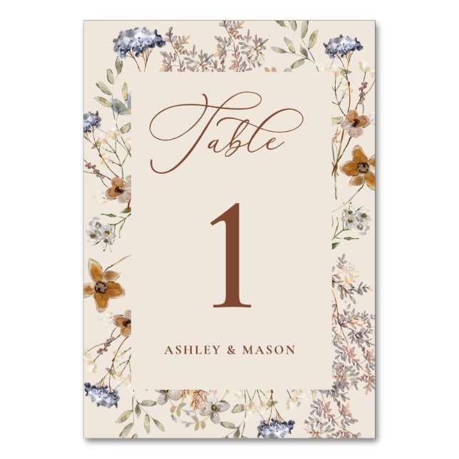 Cream Watercolor Wildflowers Calligraphy Table Number (Front)