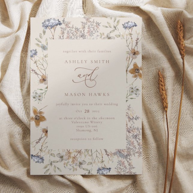 Cream Watercolor Wildflowers Calligraphy Wedding  Invitation (Creator Uploaded)