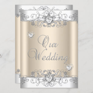 Cream Wedding Silver White Diamond Hearts Invitation