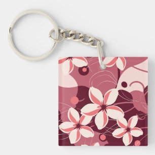 Cream White and Peachy Pink Floral Pattern Key Ring