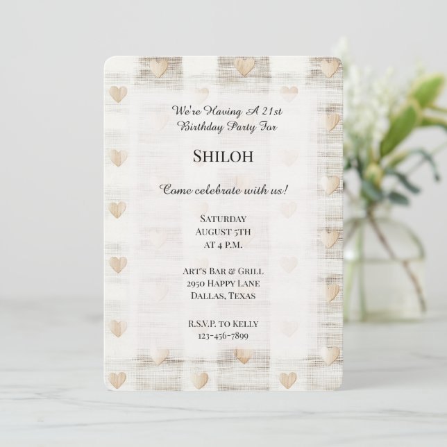 Cream White Beige Boho Hearts Birthday Invitation (Standing Front)