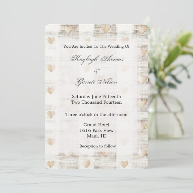 Cream White Beige Boho Hearts Wedding Invitation (Standing Front)