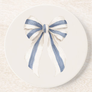 Cream White Blue Stripes Bow Coaster