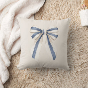 Cream White Blue Stripes Bow Cushion