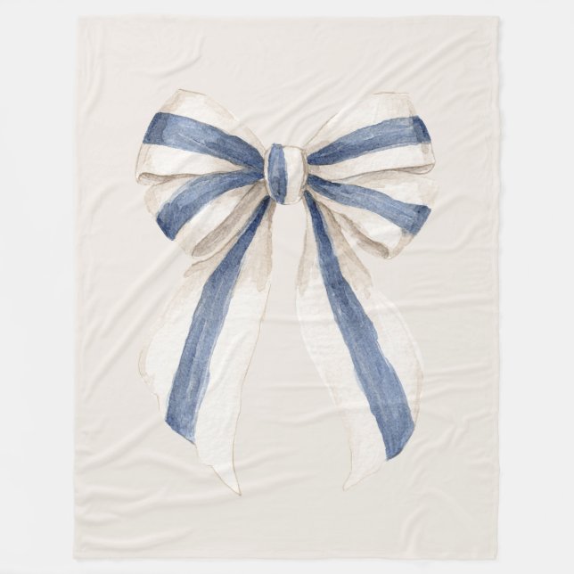Cream White Blue Stripes Bow Fleece Blanket (Front)
