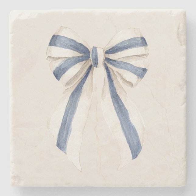 Cream White Blue Stripes Bow Stone Coaster (Front)