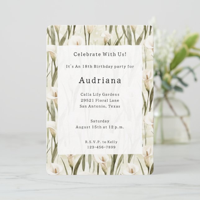 Cream White Calla Lily Floral Birthday Invitation (Standing Front)