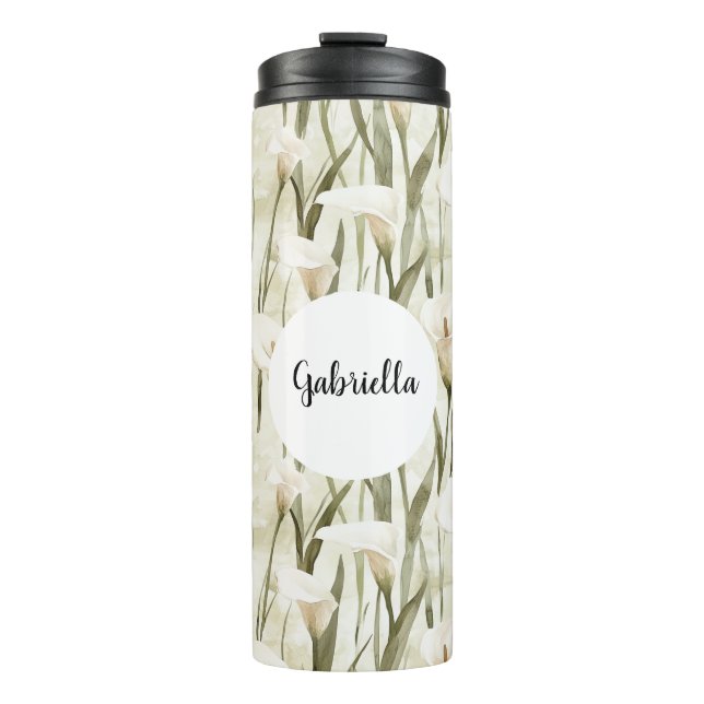 Cream White Calla Lily Floral Thermal Tumbler (Front)