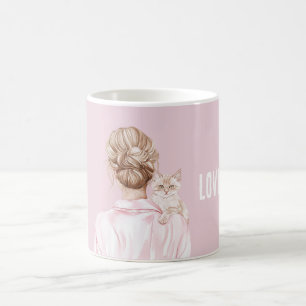 Cream White Cat Pink Bow Female Coffee Mug