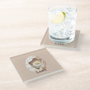 Cream White Daisy Floral Egg Glass Coaster