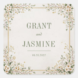 Cream White Dogwood Sage Gold Frame Wedding Square Sticker