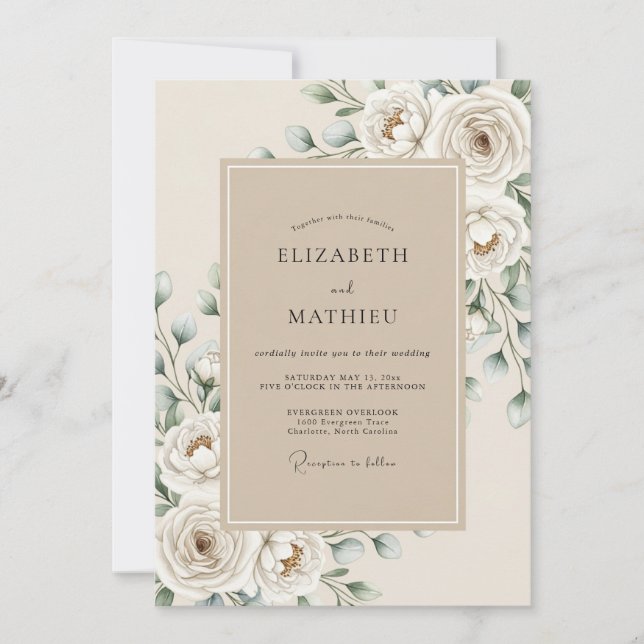 Cream White Ethereal Bloom Wedding Invitation (Front)