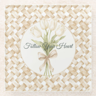 Cream White Faux Basket Weave Glass Coaster