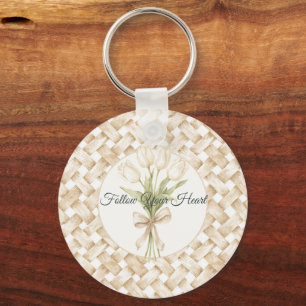 Cream White Faux Basket Weave Key Ring