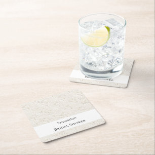 Cream White Faux Lace Bridal Shower Square Paper Coaster
