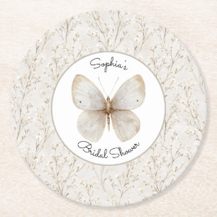 Cream White Floral Butterfly Bridal Shower     Round Paper Coaster