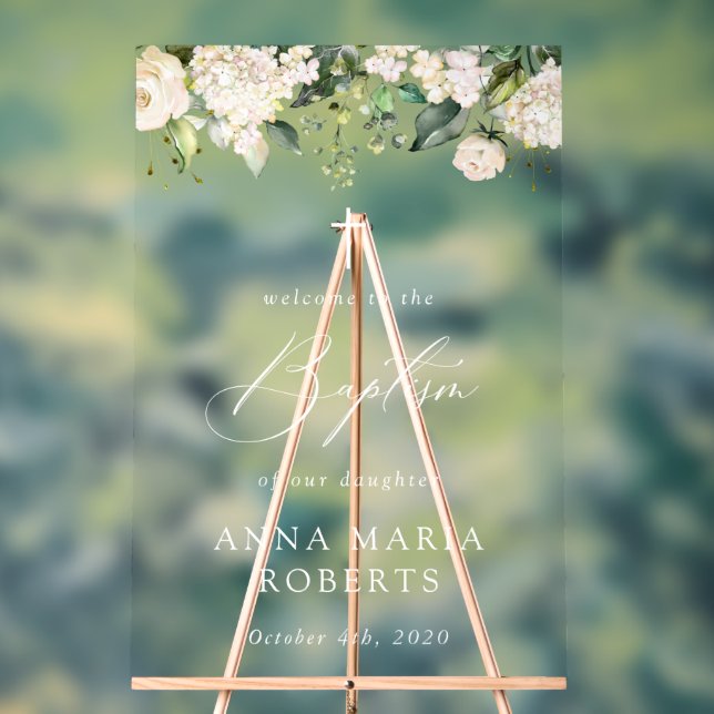 Cream White Flowers, Boho, Floral Baptism Welcome Acrylic Sign (Neutral)