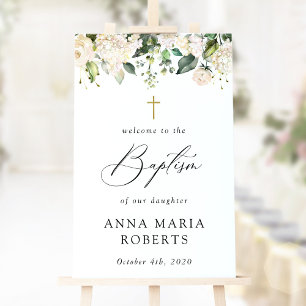 Cream White Flowers, Boho, Floral Baptism Welcome Poster