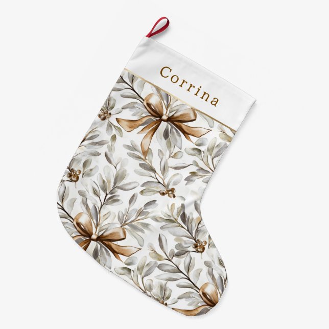 Cream White Gingerbread Bows   Large Christmas Stocking (Front (Hanging))