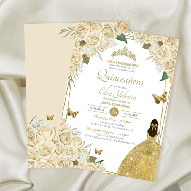 Cream White Gold Floral Butterfly Rose Quinceanera Invitation (Creator Uploaded)
