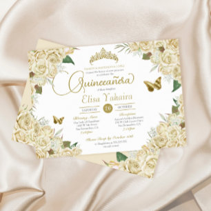 Cream White Gold Rose Floral Butterfly Quinceanera Invitation