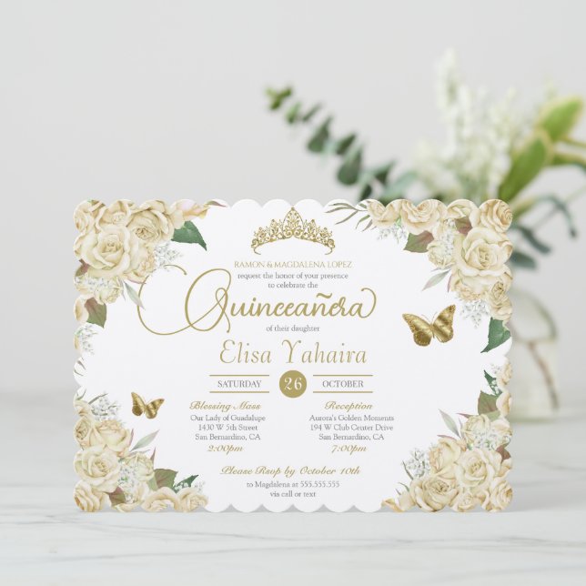 Cream White Gold Rose Floral Butterfly Quinceanera Invitation (Standing Front)
