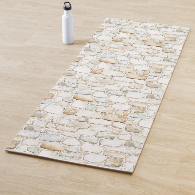 Cream White Grey Faux Stones Roses Yoga Mat (In Situ)