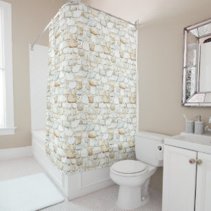 Cream White Grey Faux Stones   Shower Curtain