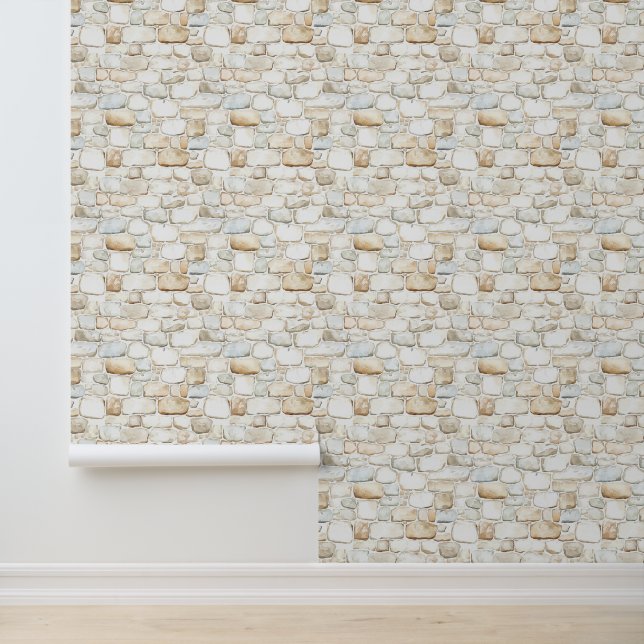 Cream White Grey Faux Stones  Wallpaper (Application)