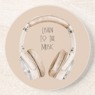 Cream White Headphones Listen To Music Coaster