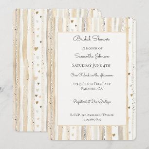 Cream White Hearts Stripes Bridal Shower Invitation