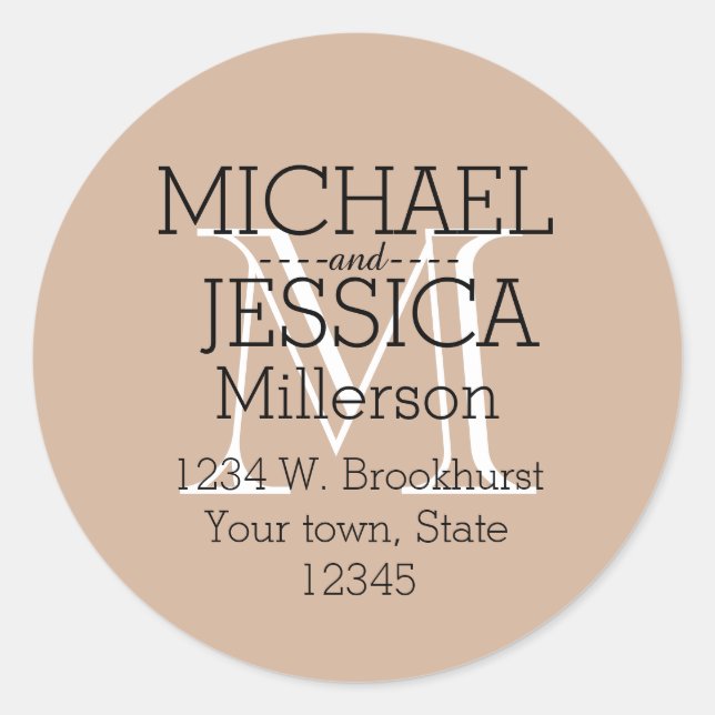 Cream White Monogram Personalised address Classic Round Sticker (Front)